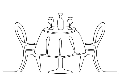 Continuous line drawing. Table with chairs.