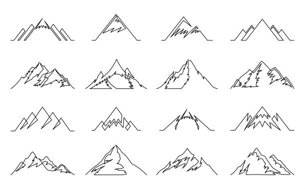 Continuous line mountains icons Vector mountains continuous line icons isolated on white. Mountains and travel icons for tourism organizations, outdoor events and resorts. mountain drawings stock illustrations