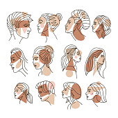 Continuous line woman profile set with geometric and organic shapes fashion portrait. Minimal hand drawn design, freehand composition, modern abstract style. Beauty vector fashion female faces