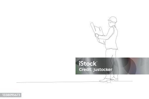 istock Continuous one line drawing design vector illustration of engineers man holding a blueprints on white background 1338095673