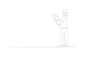 istock Continuous one line drawing design vector illustration of engineers man holding a blueprints on white background 1338095673