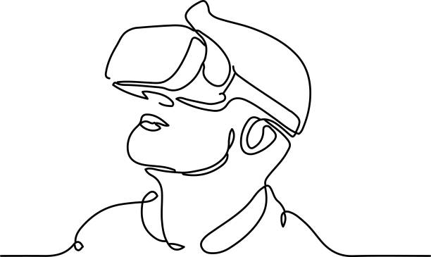 kontinuierliches zeichnen einer linie mann in brille gerät virtual reality - vr brille stock-grafiken, -clipart, -cartoons und -symbole