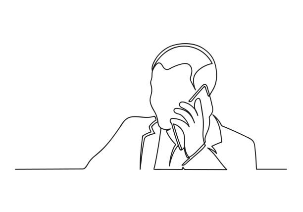 Continuous one line drawing of a young businessman Continuous one line drawing of a young businessman. Stylish man talking on the phone isolated on white background. Business concept. Vector illustration telephone line stock illustrations