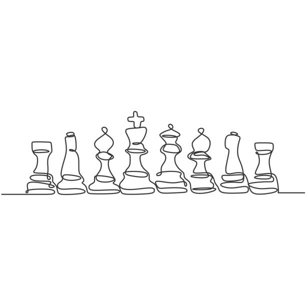 Continuous one line drawing of chess pieces minimalist design isolated on white background. Group of players tactic concept. Continuous one line drawing of chess pieces minimalist design isolated on white background. Group of players tactic concept. chess symbols stock illustrations