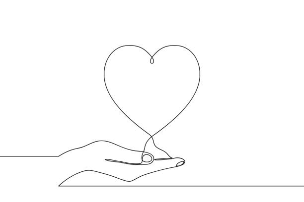 illustrazioni stock, clip art, cartoni animati e icone di tendenza di disegno continuo di una riga di mano che tiene il cuore sul palmo della mano. vettore - san valentino single