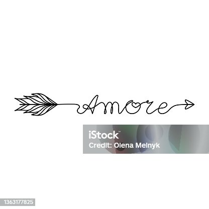 istock Continuous One Line lettering amore (love in Italian) in the form of an arrow. Vector illustration for poster, card, banner valentine day, wedding, print on shirt. 1363177825