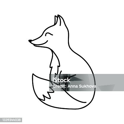 istock Contour image of a fox. Black silhouette of an animal. Doodle icon of a sitting fox. Simple black hand drawing for decoration. Vector clipart 1339344038