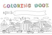 Contour image of town with houses, cars, plane and boat. Copyspace on banner. Line vector illustration for coloring book. Cartoon style. Horizontal.