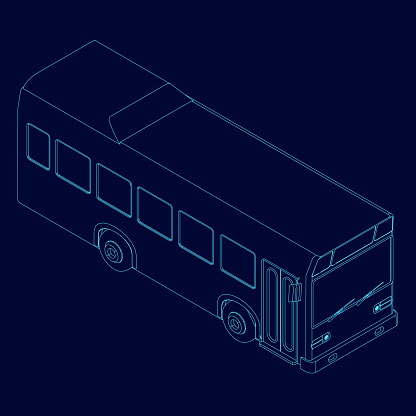 Contour of the bus of blue lines on a dark background. Isometric view. Vector illustration