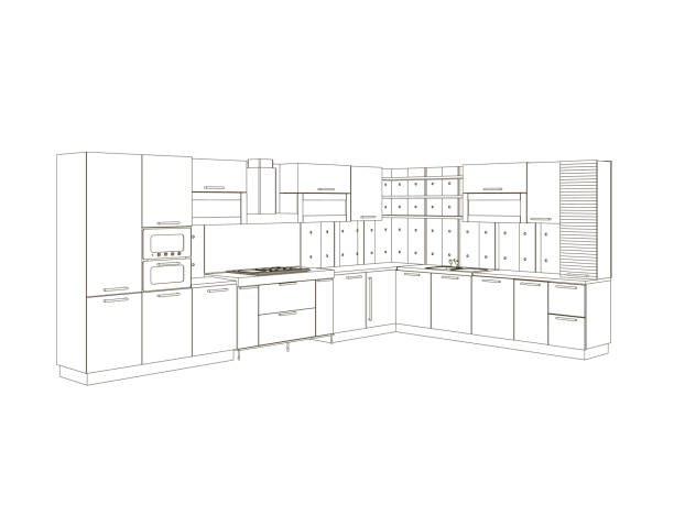 Contour of the kitchen of black lines isolated on white background. Front view. Wrieframe of the kitchen set. Vector illustration Contour of the kitchen of black lines isolated on white background. Front view. Wrieframe of the kitchen set. Vector illustration. kitchen drawings stock illustrations