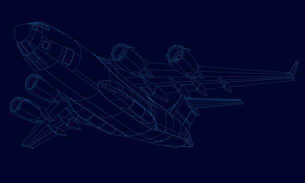 Contour of the plane of the blue lines on a dark background. Bottom view. 3D. Vector illustration Contour of the plane of the blue lines on a dark background. Bottom view. 3D. Vector illustration. drawing of fighter planes stock illustrations