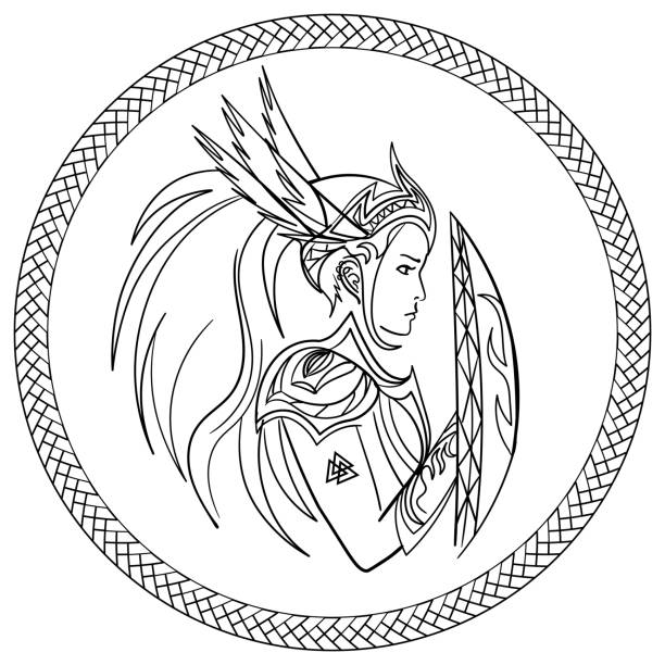 Contour profile of valkyrie with shield Contour valkyrie, scandinavian woman warrior, with shield in ornamented circle armour of god stock illustrations