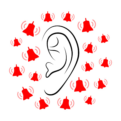 Contours of person's ear and plenty of small ringing red bells