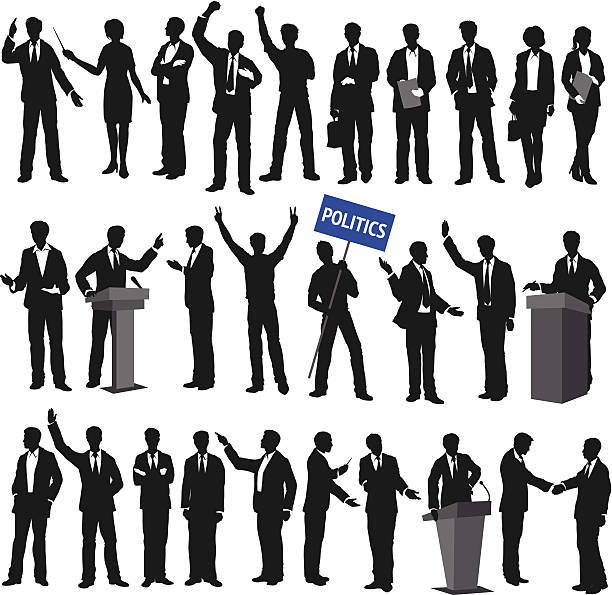 Contours of Public Professions People Silhouettes of politicians, businessmen, and other people involved in social life. presentation speech silhouettes stock illustrations