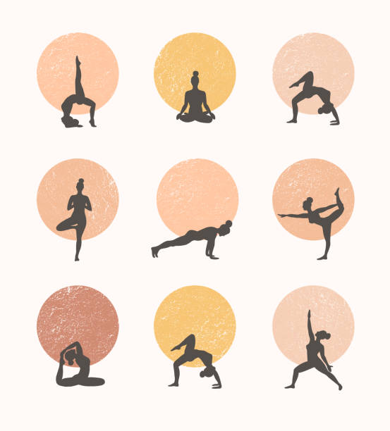 Contours of women in the yoga poses on a circle background. Trend contemporary poster. three contours of women in the yoga poses on a beige background yoga silhouettes stock illustrations