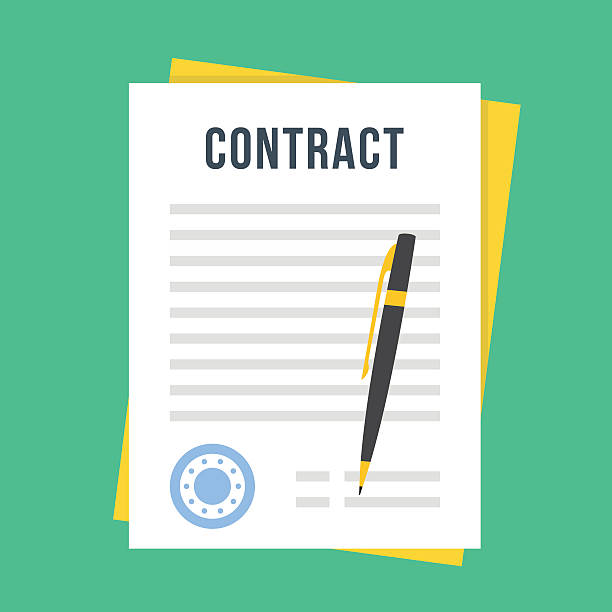 Contract document with rubber stamp, pen. Sign contract. Vector illustration Contract document with rubber stamp and pen. Sign contract concept. Flat style design vector illustration isolated on green background contract stock illustrations