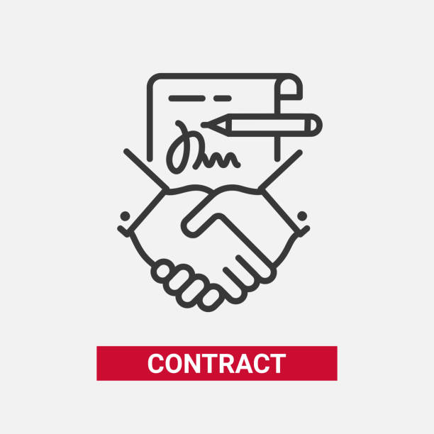 Contract - modern vector line design single icon. Contract - modern vector single line design single icon. A black and white image depicting a paper agreement, document, pencil, written signature, handshake. Business, partnership presentation. agreement stock illustrations
