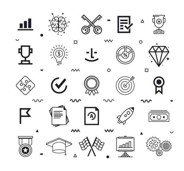 Contributions and achievements outline style symbols on white background. Line vector icons set for infographics, mobile and web designs.