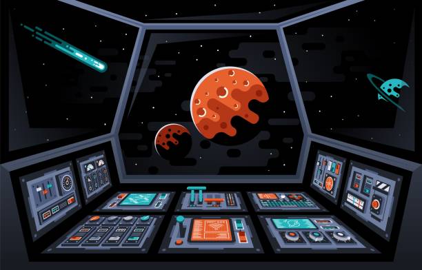 Control panel dashboard in the interior of the spaceship Control panel dashboard in the interior of the spaceship. Cabin of spacecraft. Planets and stars in the windows. Vector illustration. control panel illustrations stock illustrations