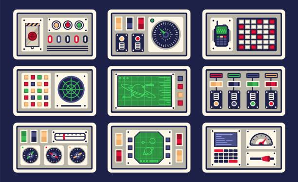 Control panel in spaceship with all kinds of controls Control panel in spaceship with all kinds of controls. Vector illustration. control panel illustrations stock illustrations