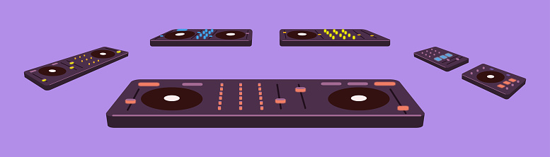 DJ controllers kit for club music playing. Audio consoles and mixers set for sound mixing. Electronic turntables. Colored flat vector illustration of wireless electro equipment