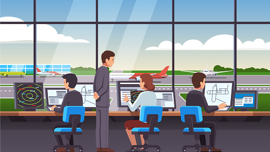 Controllers team people working at airport air traffic control tower interior sitting at computer monitors and looking through window at commercial airplanes. Flat style isolated vector