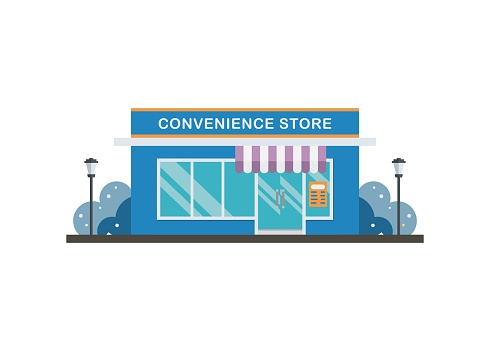 Convenience store building in the winter. Simple flat illustration.