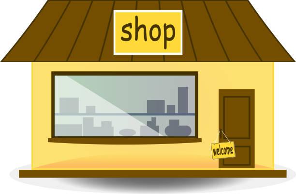Convenience store showcase face view of shop building with welcome signboard Convenience store face view of shop building with showcase entrance and signboard lettering mall of america stock illustrations