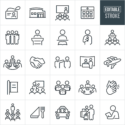 A set of convention icons that include editable strokes or outlines using the EPS vector file. The icons include a name badge, convention center, business person presenting to an audience at a convention, calendar, business people with arms around shoulders, presenter giving a speech, person learning at convention, business person presenting while holding a microphone, a group of people listening to speaker as they attend a business conference, attendees on laptops at convention, handshake, trade-show booth, airplane, advertisement, business person giving presentation, clapping hands, dining, taxi cab, hotel check-in and an attendee taking notes.