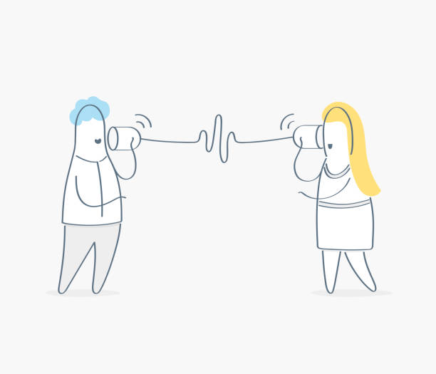 Conversation through wire connection, stretched wire between two people with wave form or transmission in middle vector art illustration