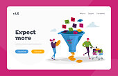 Conversion Rate Optimization Landing Page Template. Tiny Characters with Trolley and Money at Huge Sales Funnel App Icons Falling inside. Digital Marketing Lead Generation. Cartoon Vector Illustration