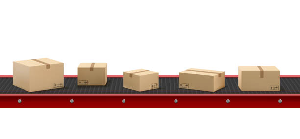 Conveyor belt with cardboard boxes at factory Conveyor belt with cardboard boxes at factory, plant or warehouse. Vector realistic illustration of automated machine in production line with product packages isolated on white background conveyor belt stock illustrations