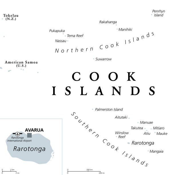 wyspy cooka szara mapa polityczna ze stolicą avarua - cook islands stock illustrations