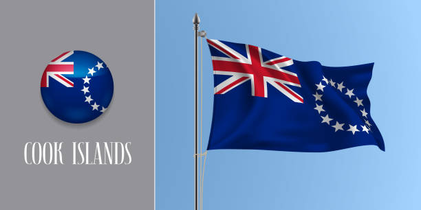острова кука размахивая флагом на флагштоке и круглые иллюстрации вектор значок - cook islands stock illustrations