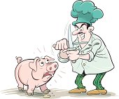 Illustration of cook preparing to slaughter pig