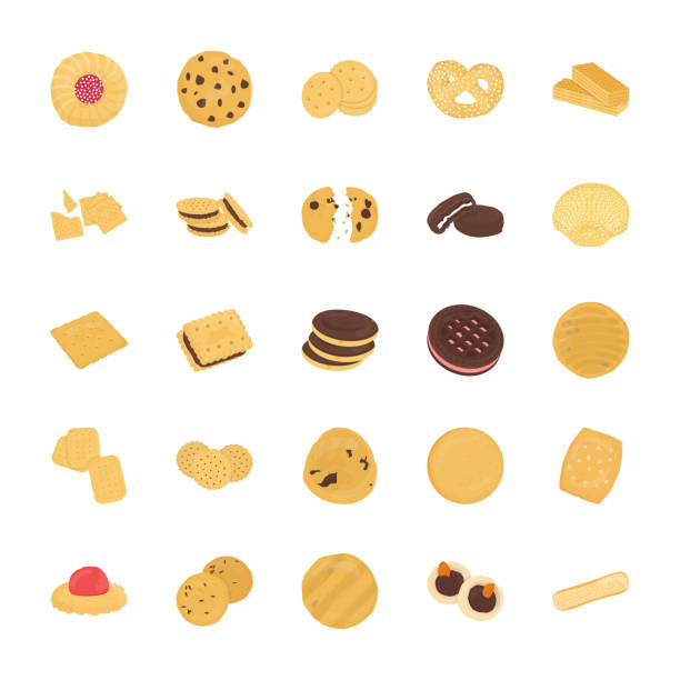 Cookies Flat Vector Icons Set Here is a treat for cookies icons denoting different flavors, shapes, types and taste to assist the bakeries and food chains in portraying their products to wide range of users without using words instead graphics and drawings. So have this to boost the business creativity in real sense. cookie stock illustrations