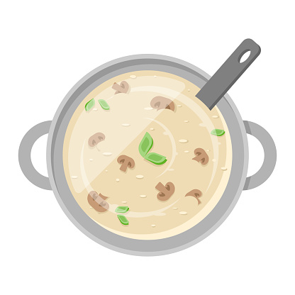 Cooking appetizing mushrooms cream soup in pan with ladle top view vector flat illustration