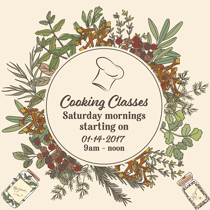 Cooking Class Template With Various Herbs And Spices