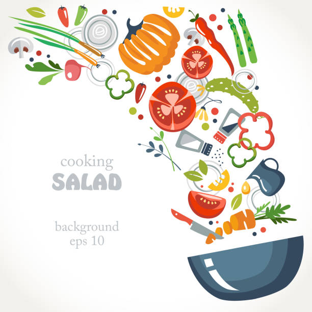 pişirme koleksiyonu arka plan tuz biber baharat kuşkonmaz karışık tabak kase bıçak kesmek - salad stock illustrations
