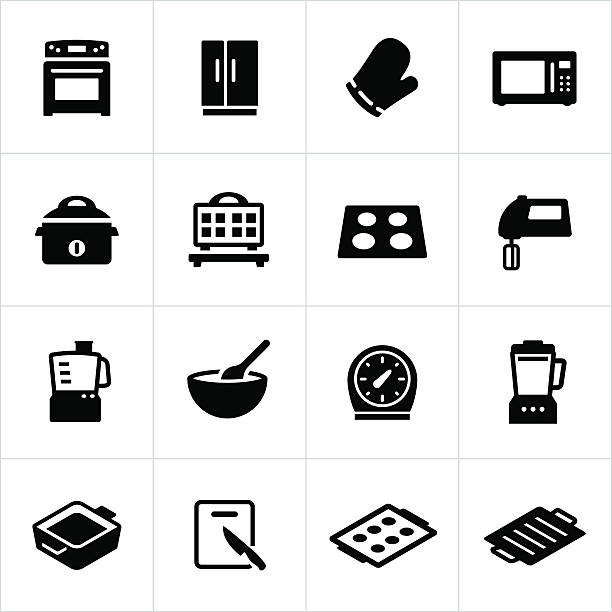 Cooking Equipment Icons Common cooking appliance icons. Kitchen appliances, stove, refrigerator, microwave, oven, pans, cooking. baking sheet stock illustrations