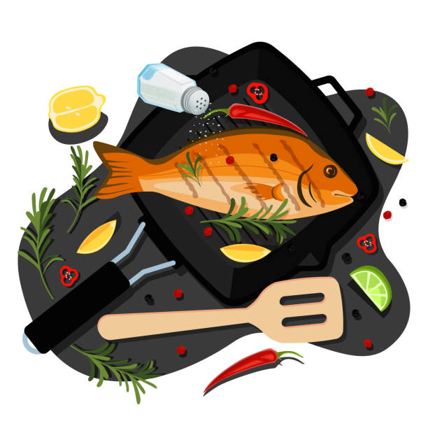 Cooking fish dorado, tuna, trout, vector cartoon top view illustration. Grill pan with sea bream, spices, ingredients Cooking fish dorado, tuna, trout, vector flat cartoon top view illustration. Black grill pan with fried sea bream, spices and ingredients. Seafood restaurant menu design elements. fried fish stock illustrations
