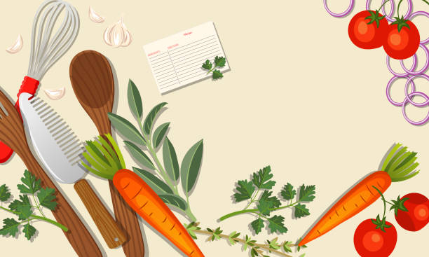 Cooking Food And Vegetables Background Cooking backgrounds with assorted kitchen elements. kitchen clipart stock illustrations