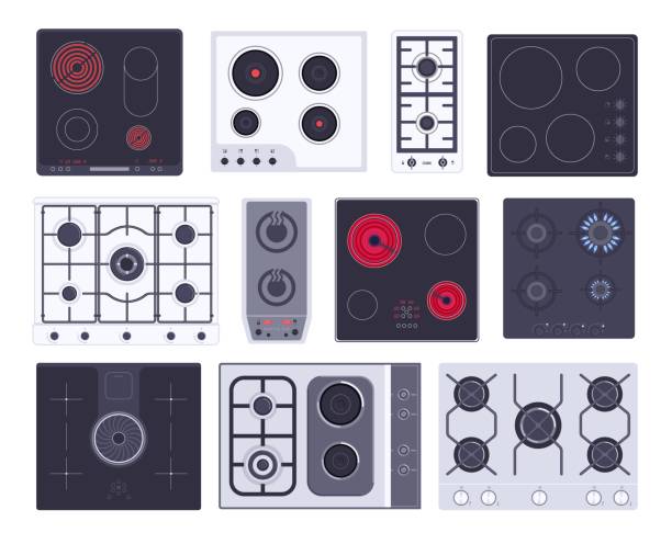 Cooking gas hob, induction panel, electric or ceramic stove vector art illustration