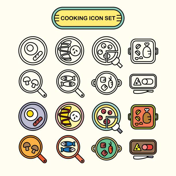 bildbanksillustrationer, clip art samt tecknat material och ikoner med matlagning ikonuppsättning - fisk med stekt svamp