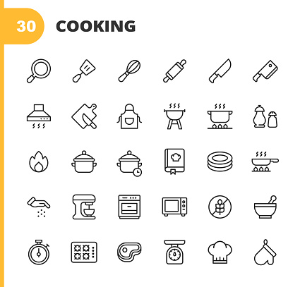30 Cooking Outline Icons. Pastry Brush, Spatula, Whisk, Rolling Pin, Frying Pan, Kitchen Knife, Chopping Board, Slicing, Paddle, Fork, Cooker Hood, Grill, Cooking, Boiling, Salt and Pepper, Seasoning, Pan, Bowl, Kitchen Scales, Chef Hat, Microwave.