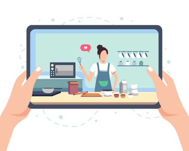 Cooking live streaming concept illustration Food cooking concept illustration. Cooking live streaming, Hands hold tablet with blogger prepares meal online. Vector in a flat style streaming service stock illustrations