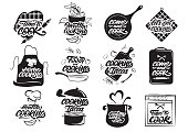 Cooking logos set. Healthy cooking. Cooking idea. Cook, chef, kitchen utensils icon or logo. Lettering vector illustration