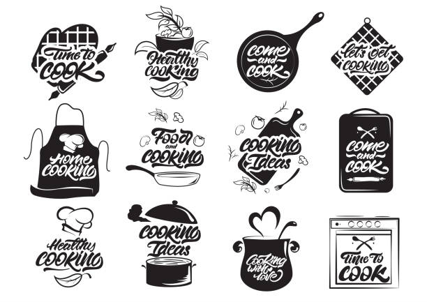 kochen logos gesetzt. gesundes kochen. kochen idee. koch, koch, küche geschirr symbol oder logo. schriftzug-vektor-illustration - bratpfanne stock-grafiken, -clipart, -cartoons und -symbole