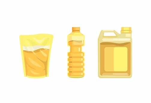 Cooking oil product set pouch bottle and gallon illustration vector