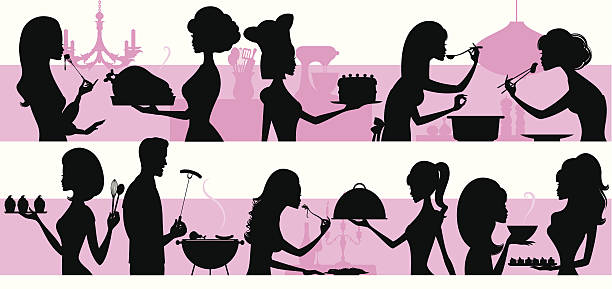 Cooking People Different people cooking and eating. Click below for more and drink images. pasta silhouettes stock illustrations